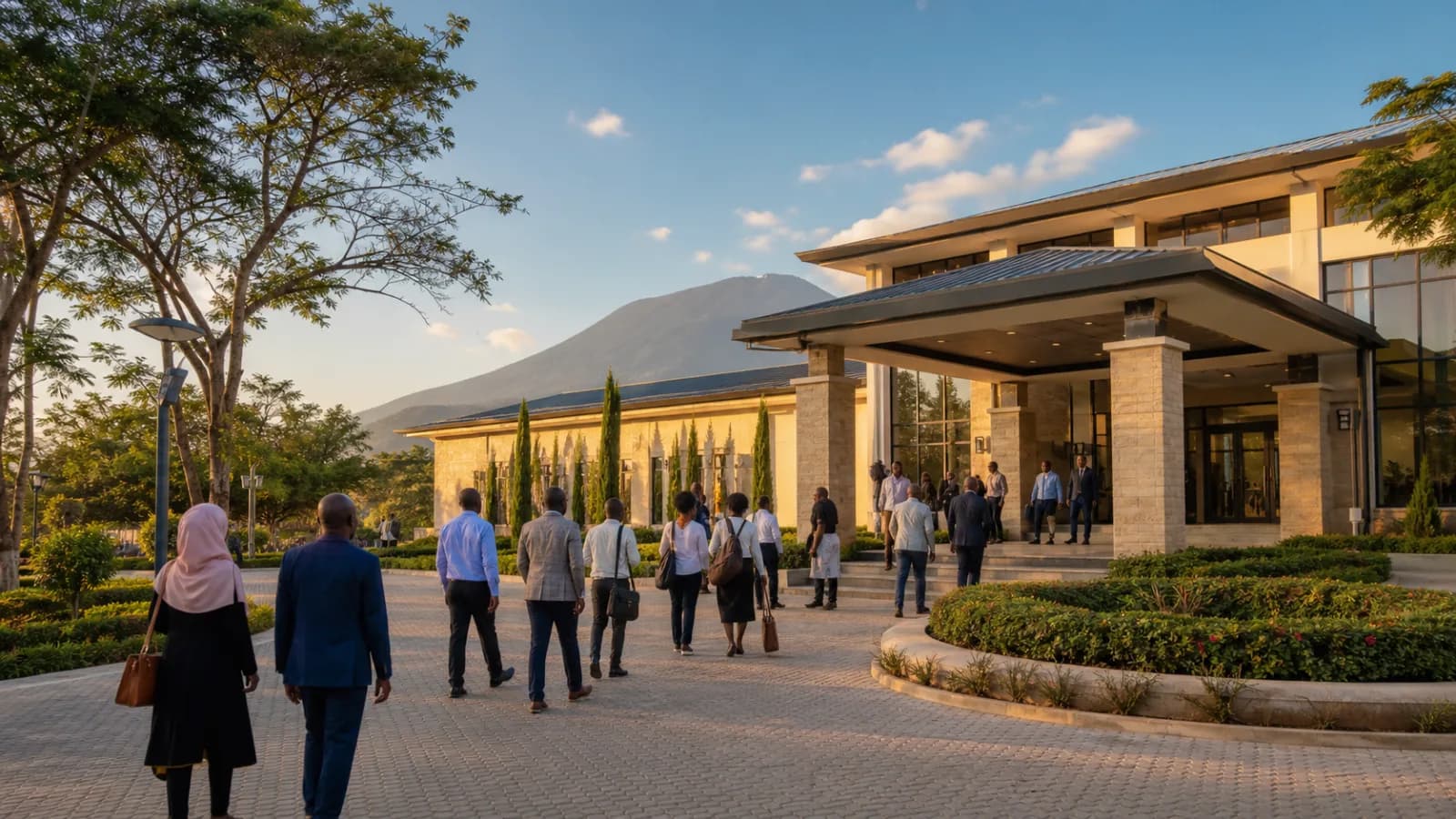 Illustrative showcase image of business visitors arriving at a conference venue in northern Tanzania for Northern Circuit Conference and Events Venue.