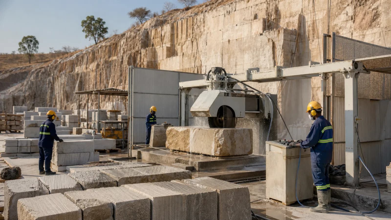 Illustrative showcase image of dimension-stone cutting at a responsibly operated quarry workshop for Dimension Stone Quarry and Cutting Plant.