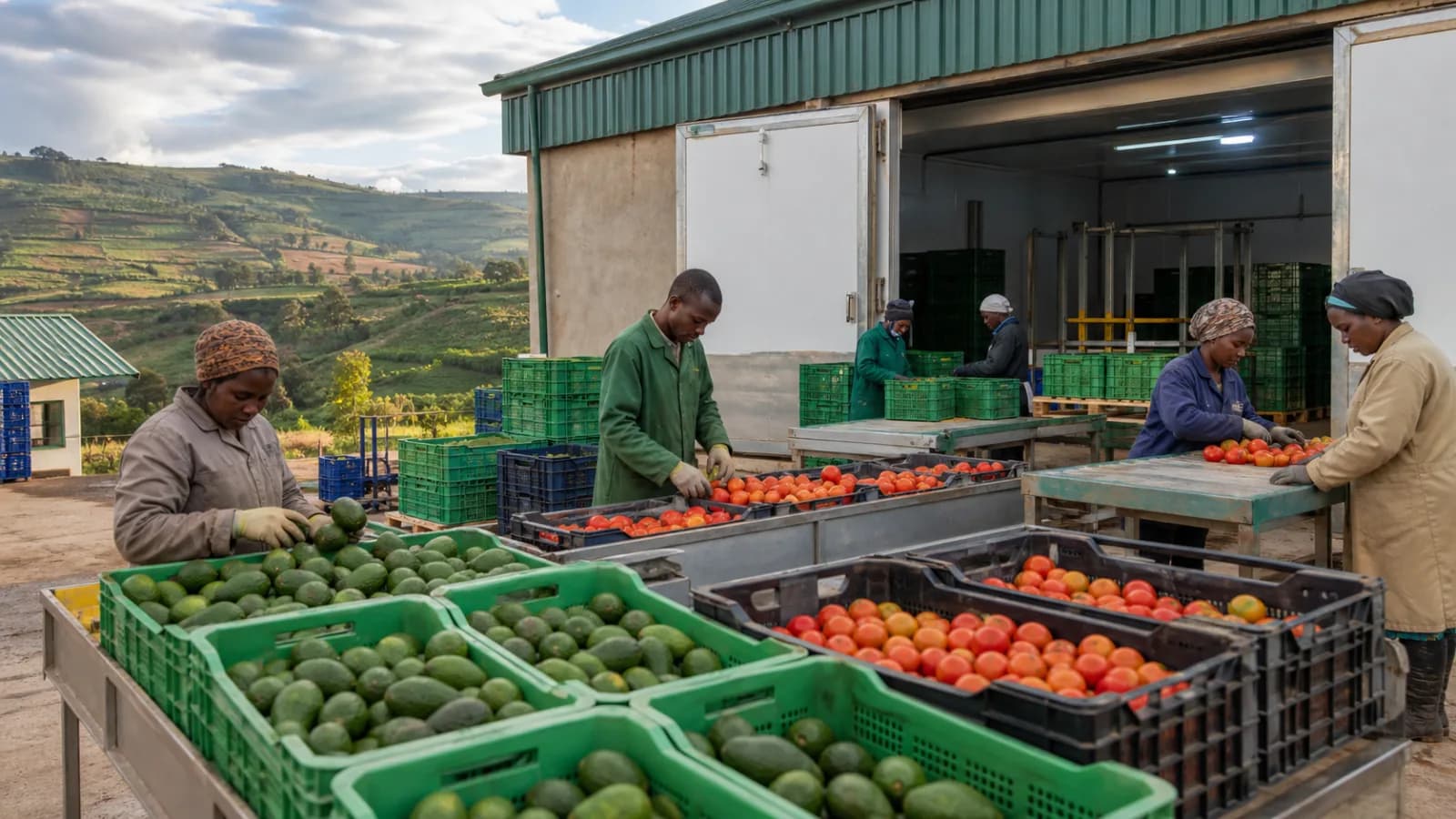 Illustrative showcase image of horticultural produce grading beside a highland cold store for Tomato Paste and Concentrate Plant.