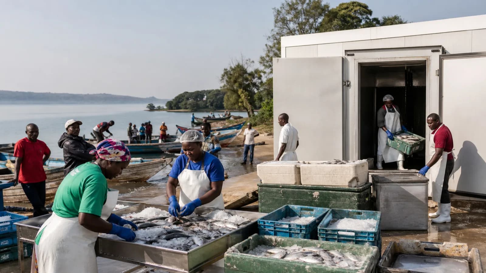 Illustrative showcase image of fish handling and cold storage beside Lake Victoria for Fish Cold-Chain & Processing Hub.