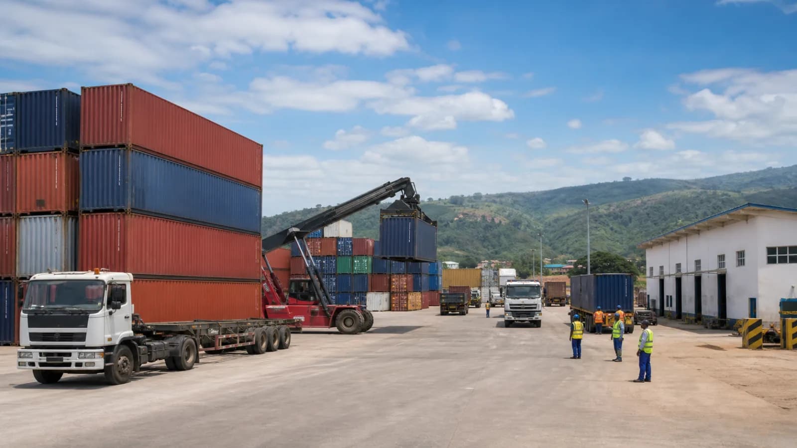 Illustrative showcase image of container handling at an inland logistics terminal for Tunduma Corridor Dry Port Extension.