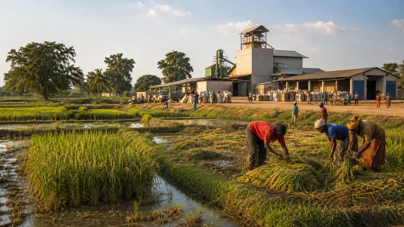 Illustrative showcase image of rice harvesting beside a milling and parboiling facility for Rice Milling and Parboiling Complex.