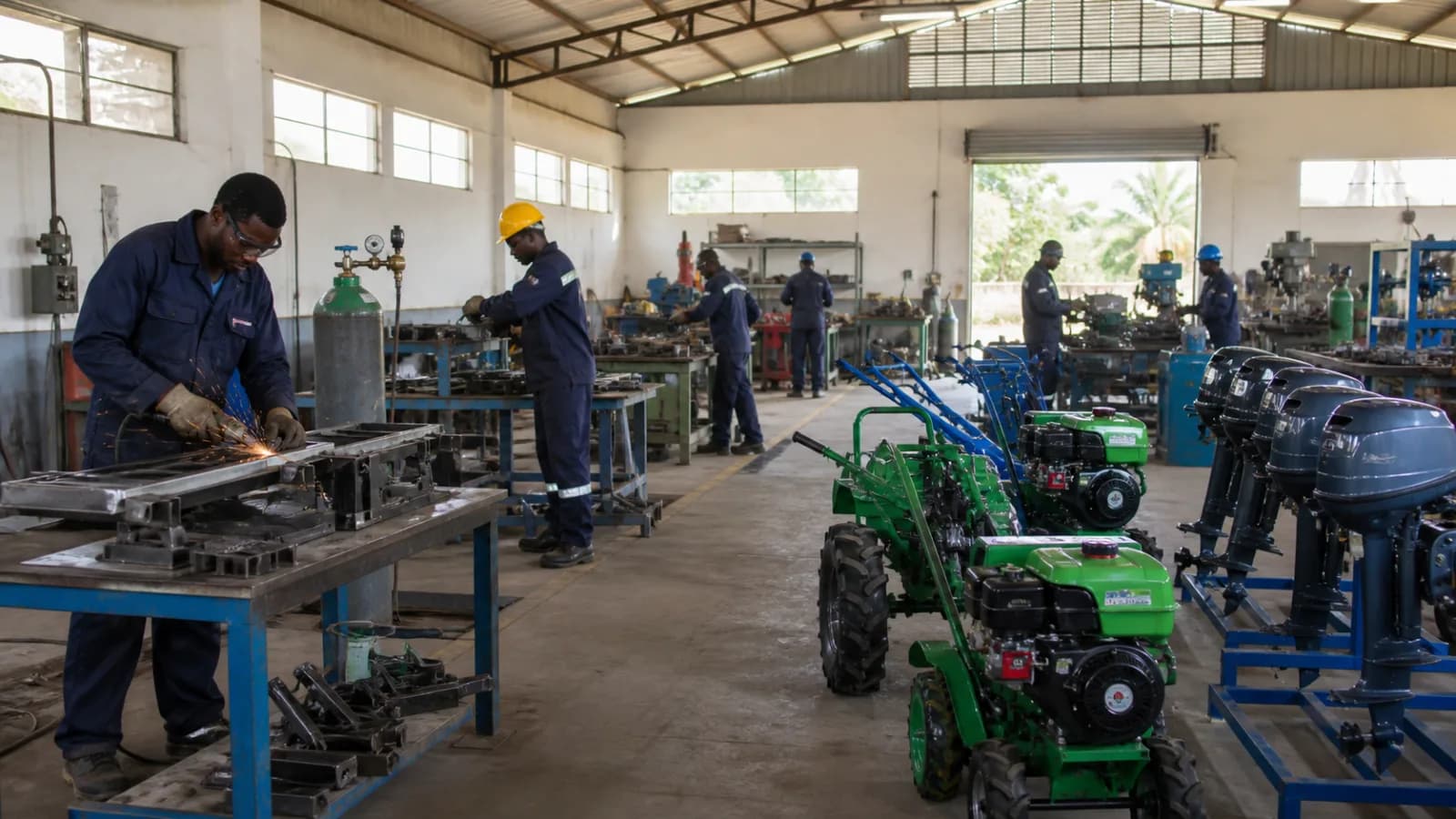 Illustrative showcase image of technicians assembling equipment in a light-manufacturing workshop for Agricultural Machinery Assembly Plant.