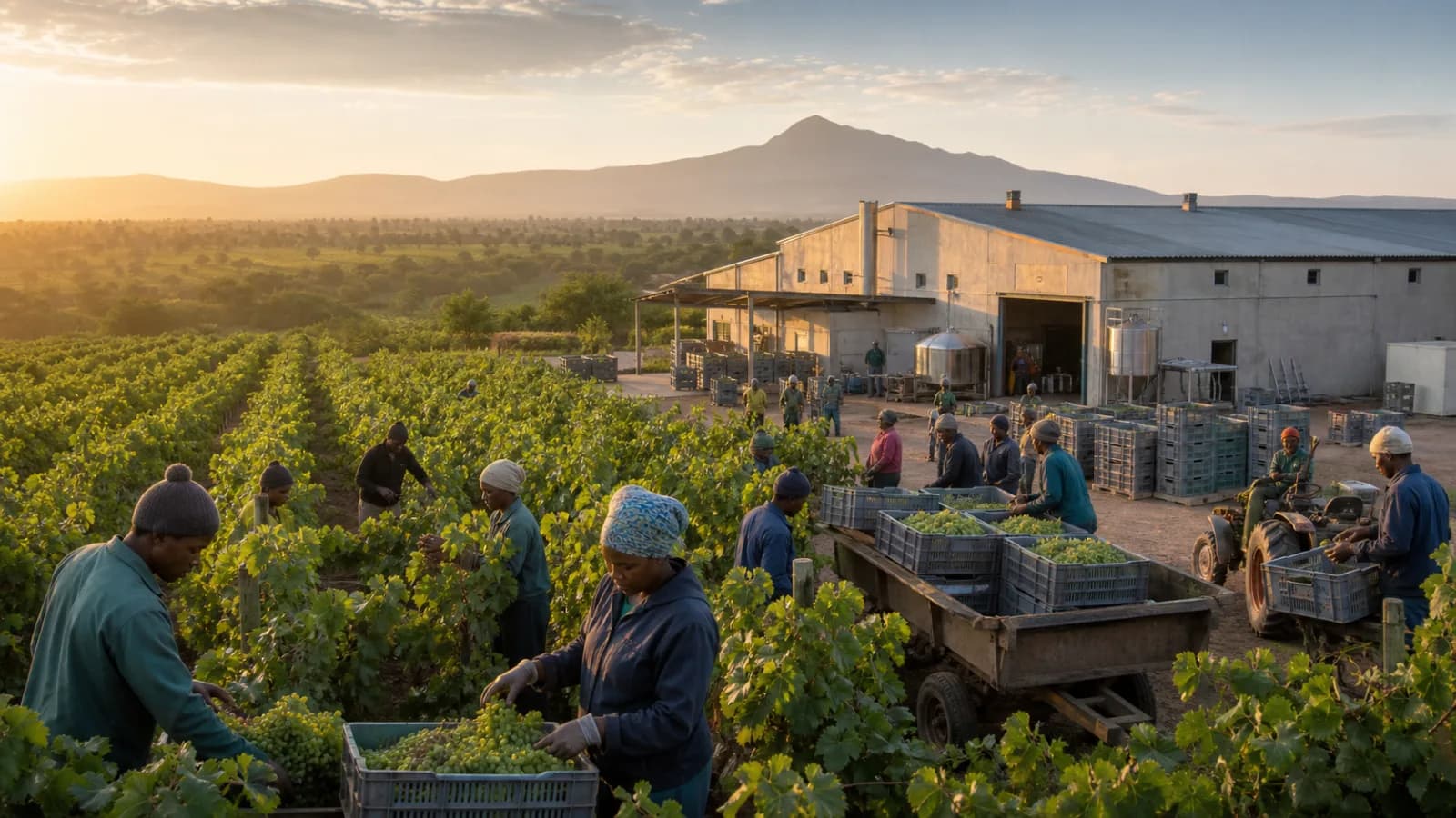 Illustrative showcase image of grape harvesting beside a value-add processing facility for Sisal Fibre Processing and Yarn Mill.